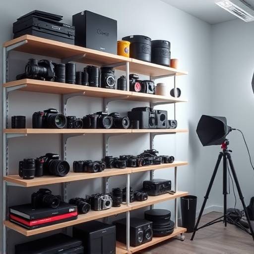 A variety of photography and videography equipment neatly organized on shelves in a studio.