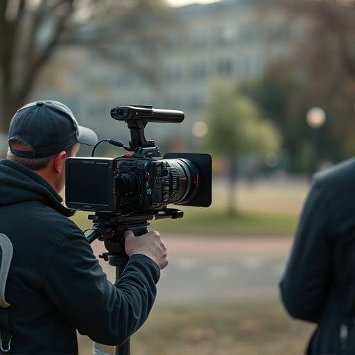 A videographer filming a scene with professional equipment in a well-lit outdoor location.