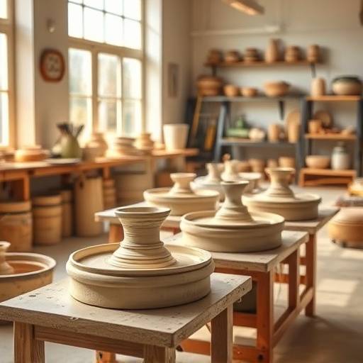 Ceramics studio with pottery wheels, glazing area, and displayed ceramic art