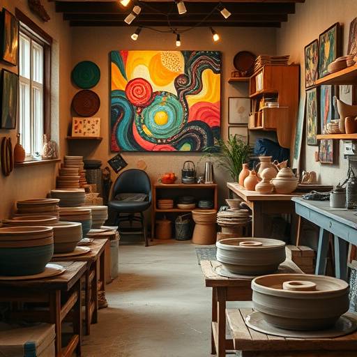 Interior view of The Phoenix Atelier, showcasing pottery wheels and vibrant artwork.