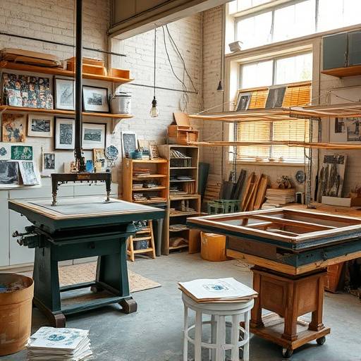 Printmaking studio with etching press, screen printing equipment, and drying racks