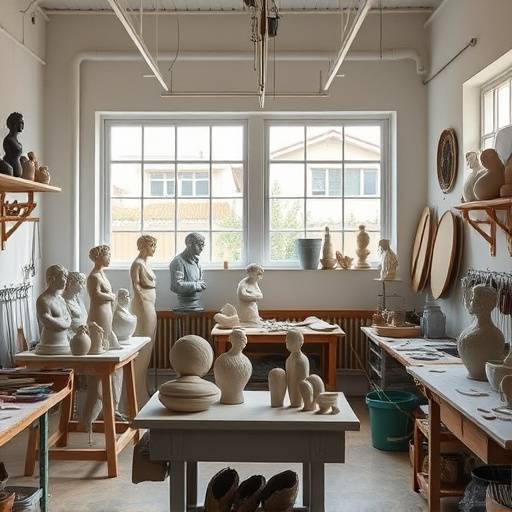 Sculpture studio with various tools, clay models, and work benches