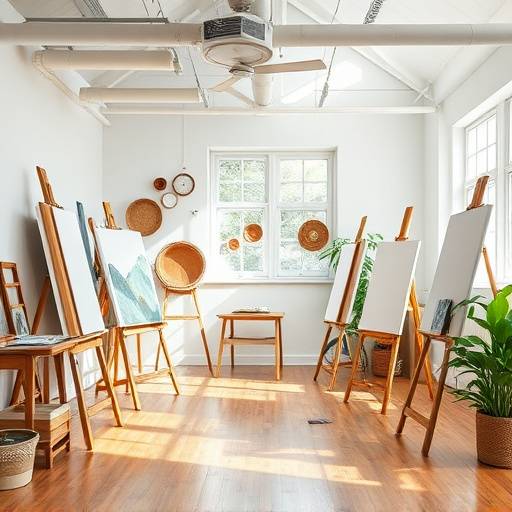 Spacious painting studio with easels, natural light, and various canvases
